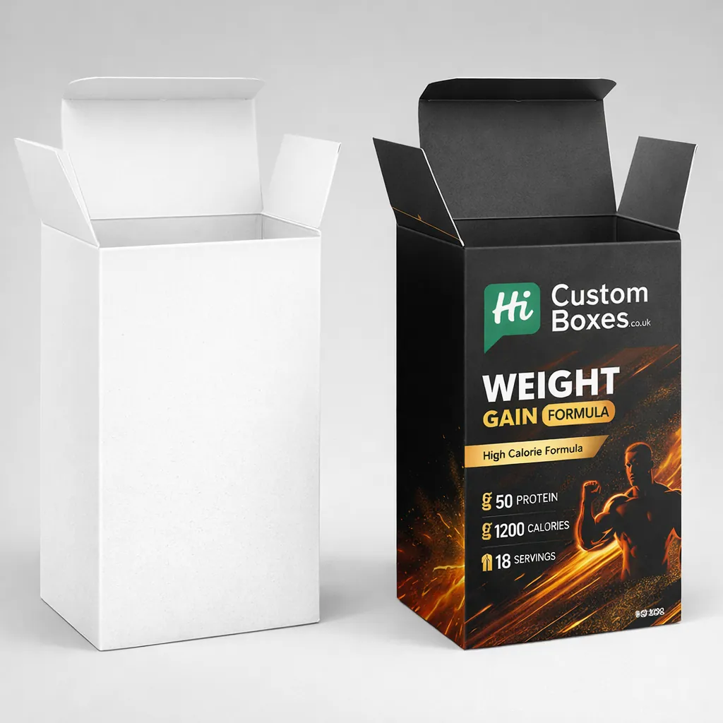 Two white hanging tab boxes, one blank and one featuring blue professional supplement product branding.